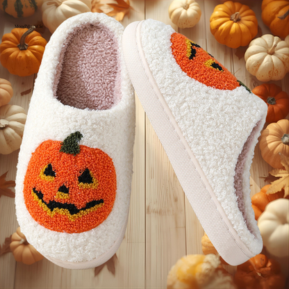 Pumpkin Slippers  Cozy Halloween Plush Shoes for Home