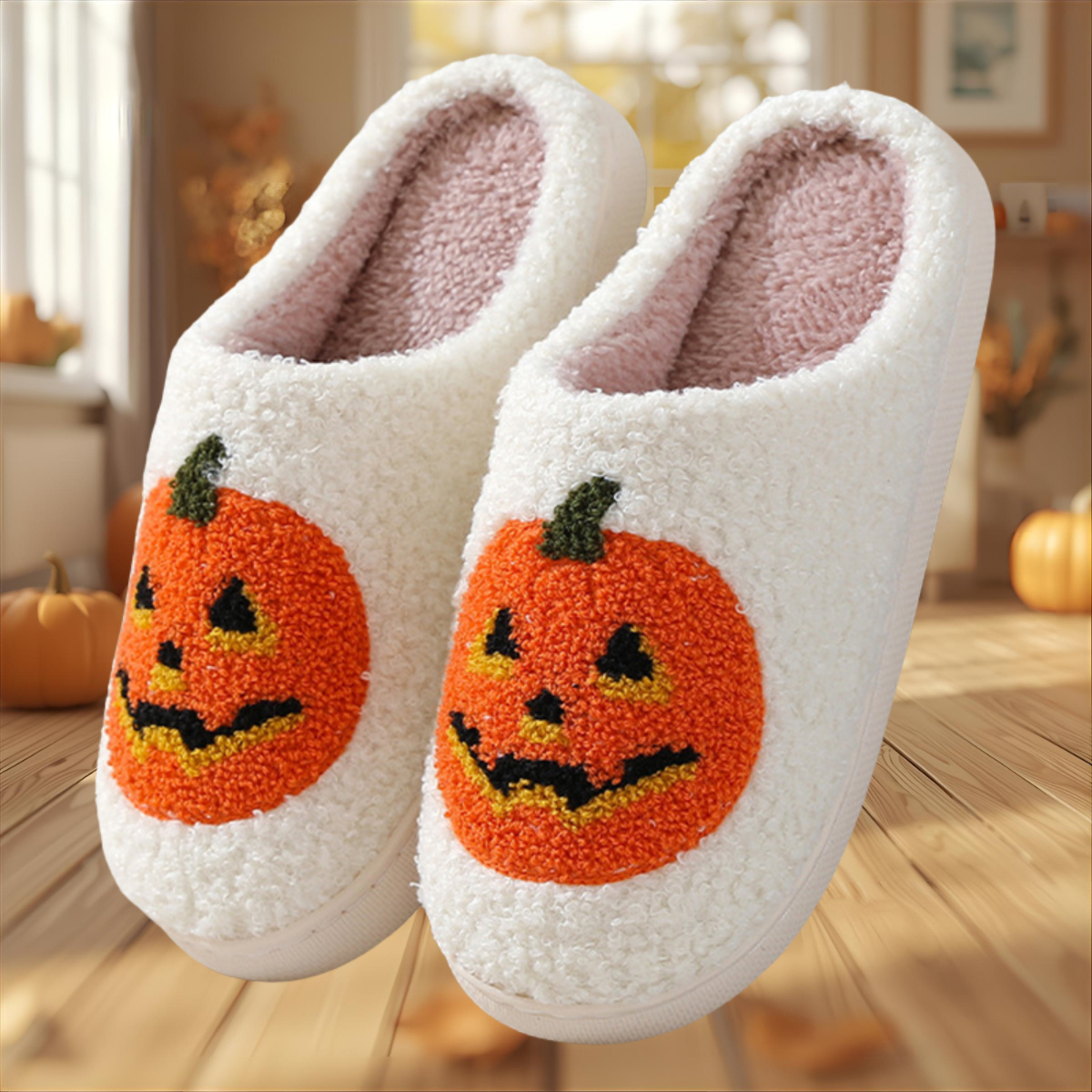 Pumpkin Slippers  Cozy Halloween Plush Shoes for Home